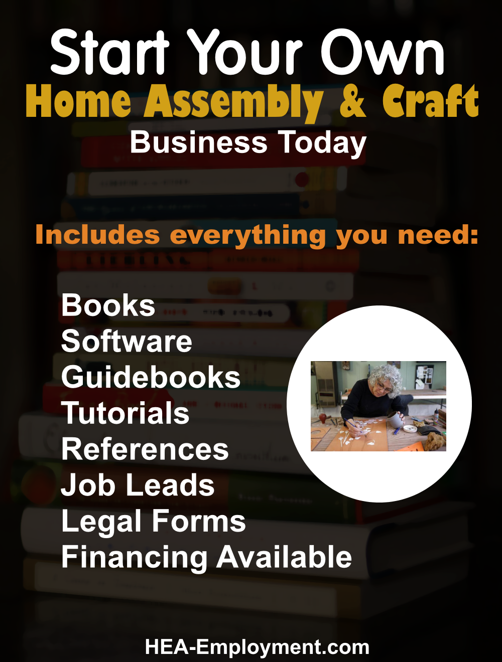 Start your own assembly and craft legitimate home based business. Fully equipped home business package with everything you need to get started. Productivity software, tutorials, guidebooks, references, manuals, tax advice and legal forms are included with each kit. Be your own boss!